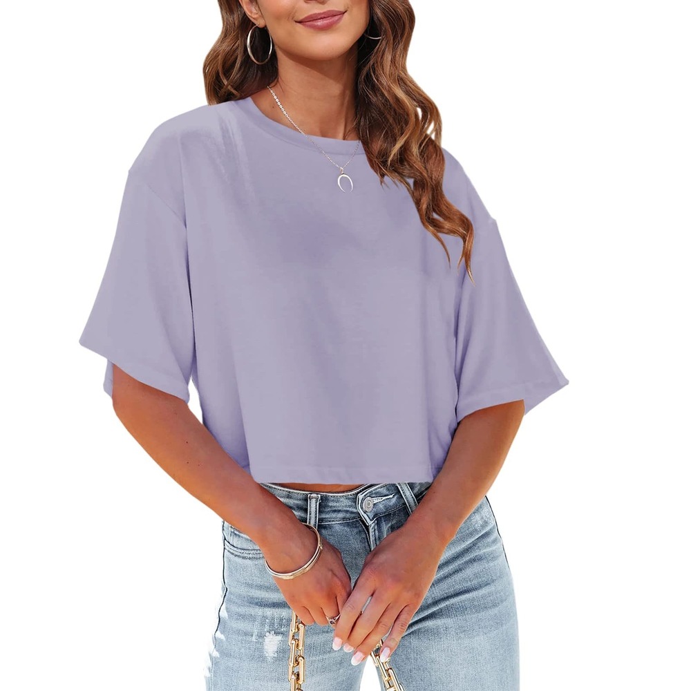 Tankaneo Womens Half Sleeve Cropped T-Shirt Drop Shoulder Round Neck‎ Purple S